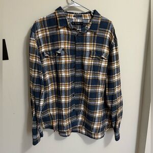 Lucky Brand Navy and Mustard Plaid Flannel Shirt